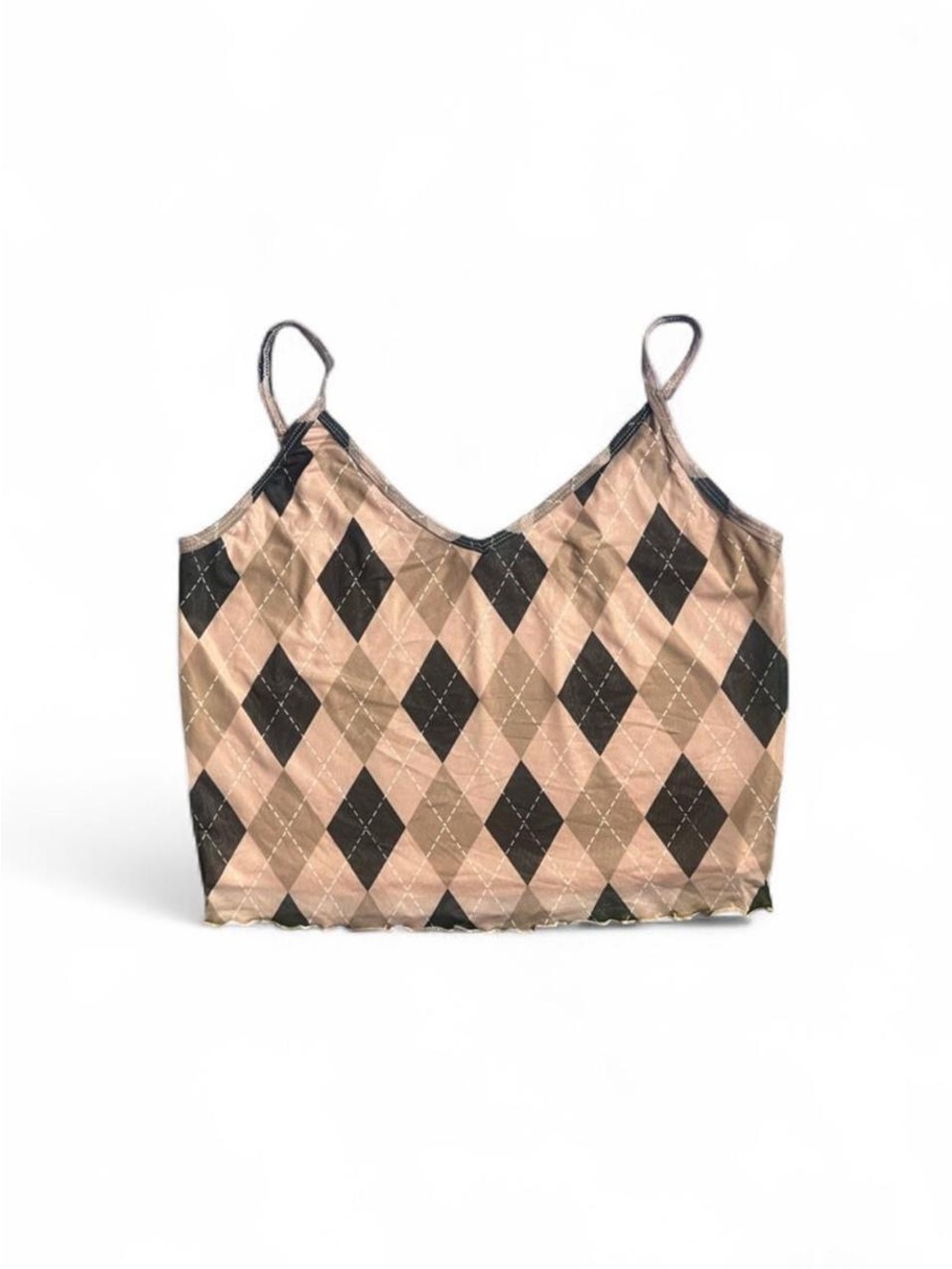Y2K Dolls Kill argyle cami crop top beige black